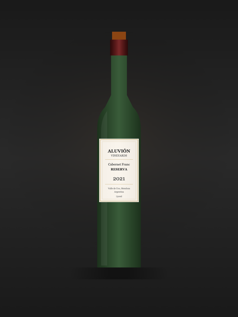 2021 Aluvión Vineyards Cabernet Franc Reserva wine bottle from Valle de Uco Mendoza Argentina